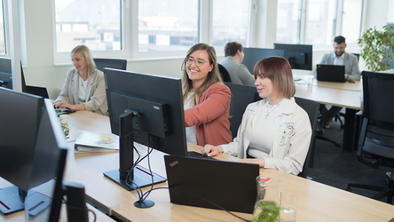 Mitarbeitend  arbeitet in einem modernen Büro. Eine Person zeigt etwas auf dem Bildschirm einer Kollegin, während diese aufmerksam zuschaut. Im Hintergrund sind weitere Mitarbeiter an ihren Schreibtischen zu sehen, und die Umgebung ist hell und einladend, mit großen Fenstern, die Tageslicht hereinlassen. Auf dem Tisch stehen Pflanzen und Unterlagen, die zur angenehmen Arbeitsatmosphäre beitragen.